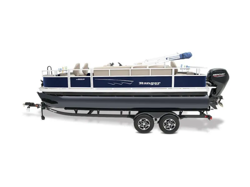 The Image of 2024 Ranger 200F pontoon boat on trailer, side view, blue and white design. - 0