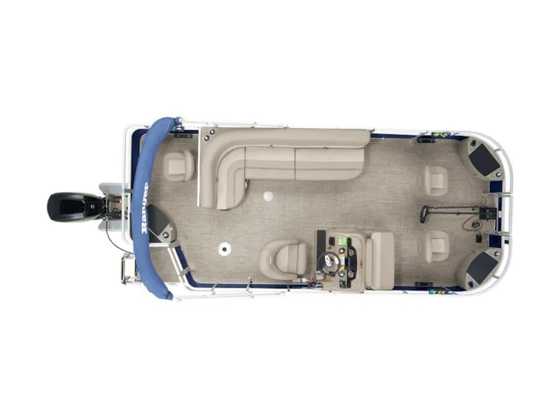 Slide: The Image of Top view of 2024 Ranger 200F pontoon boat with seating and helm layout. - 11