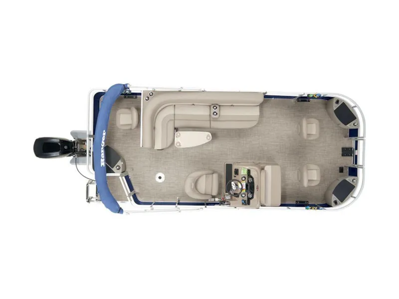 Slide: The Image of Top view of 2024 Ranger 200F pontoon boat with seating and motor. - 13