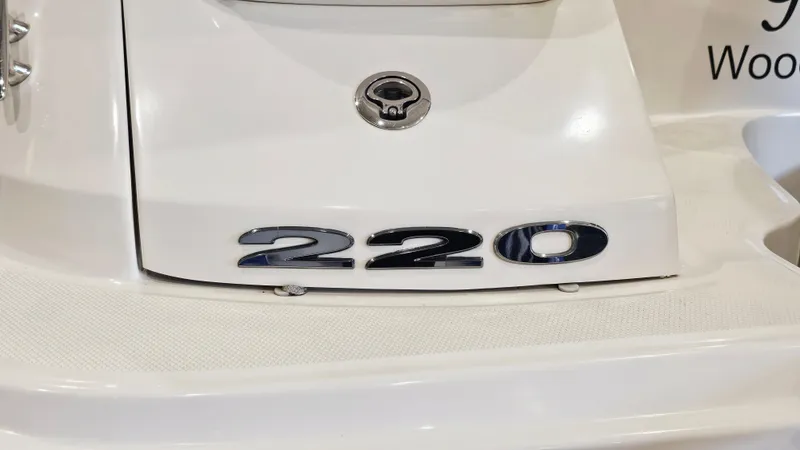 Slide: The Image of Close-up of 2014 Sea Ray 220 Sundeck Outboard boat emblem. - 30