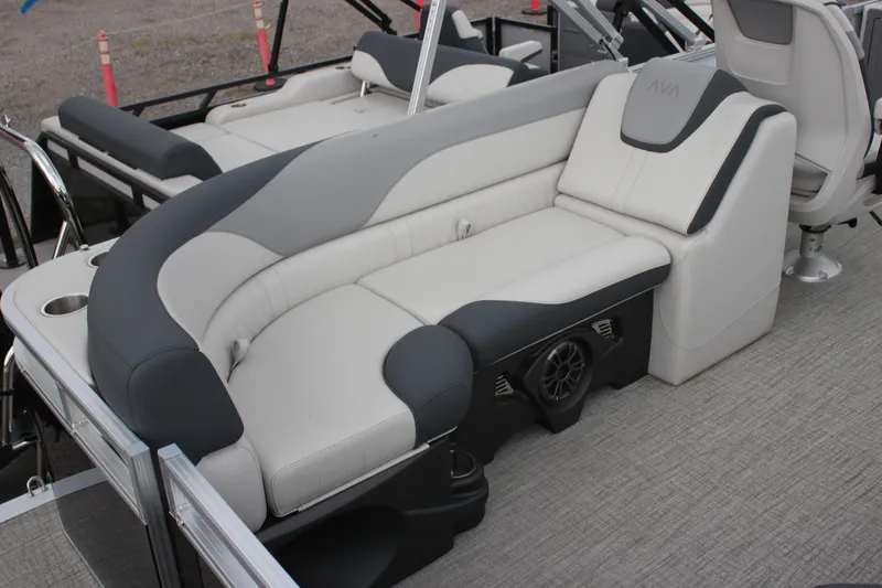 Slide: The Image of 2025 Avalon LSZ Quad Lounger boat seating with gray and white upholstery. - 26