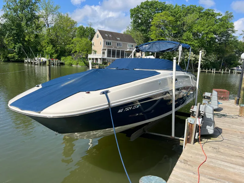 The Image of 2010 Sea Ray 280 Sundeck boat docked, covered with blue tarp, surrounded by lush greenery. - 0