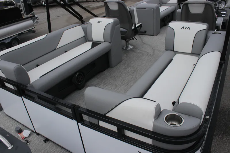 Slide: The Image of 2025 Avalon VENTURE QUAD LOUNGER pontoon boat with spacious seating and modern design. - 10