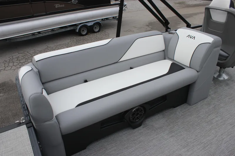 Slide: The Image of 2025 Avalon VENTURE QUAD LOUNGER boat seat, gray and white upholstery, modern design. - 11