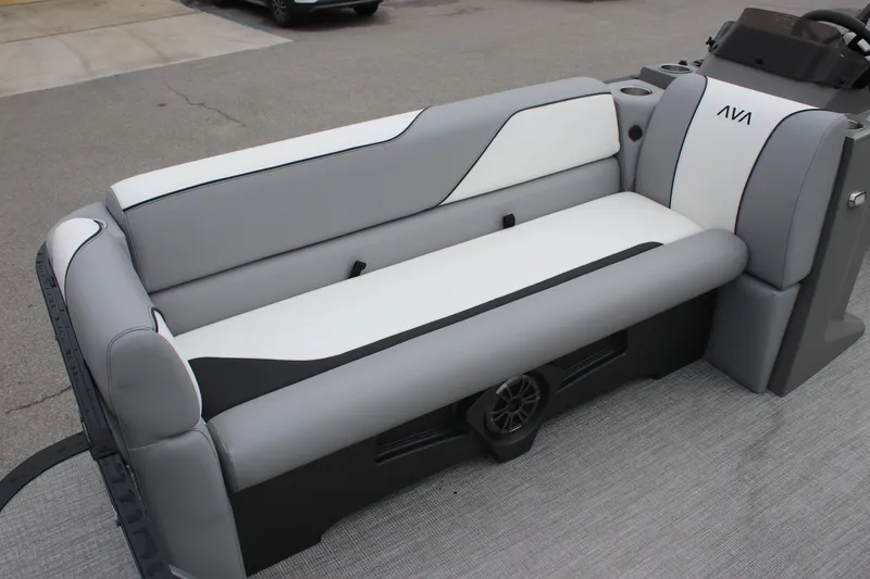 Slide: The Image of 2025 Avalon VENTURE QUAD LOUNGER boat seat, gray and white upholstery, modern design. - 9