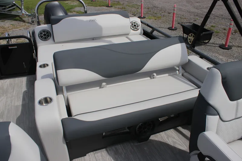 Slide: The Image of 2025 Avalon LSZ Versatile Rear Lounger with gray and white seating on a boat deck. - 3
