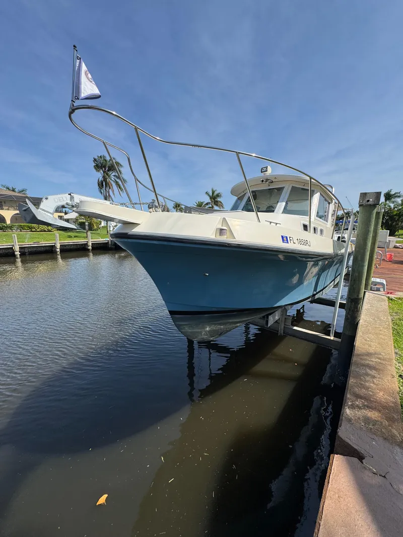 The Image of 1996 Albin Tournament Express boat docked in a sunny marina setting. - 0