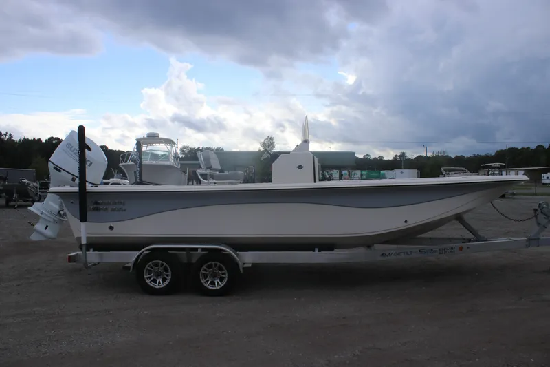 Slide: The Image of 2025 Carolina Skiff 21 LS boat on trailer under cloudy sky. - 2