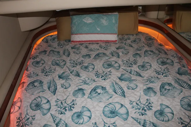 Slide: The Image of Cozy bed with seashell-patterned bedding in 2000 Sea Ray 480 Sedan Bridge yacht. - 36