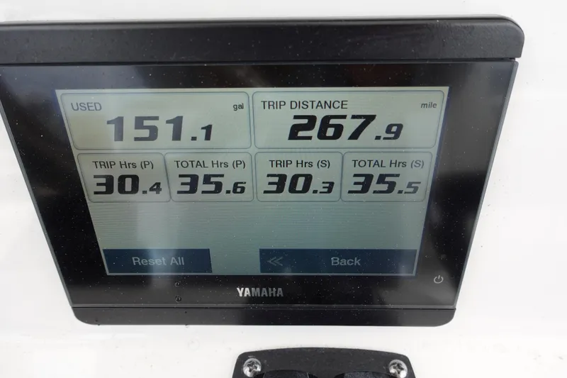 Slide: The Image of Yamaha display showing fuel usage and trip data for 2024 Sea Fox 268 Commander. - 5
