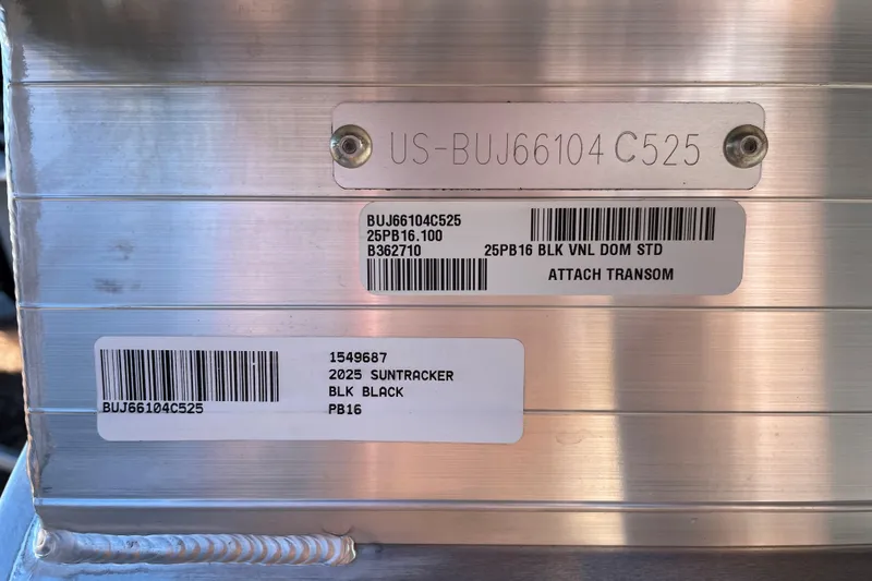 Slide: The Image of 2025 Sun Tracker Party Barge 16 DLX identification plate with barcodes and serial numbers. - 50