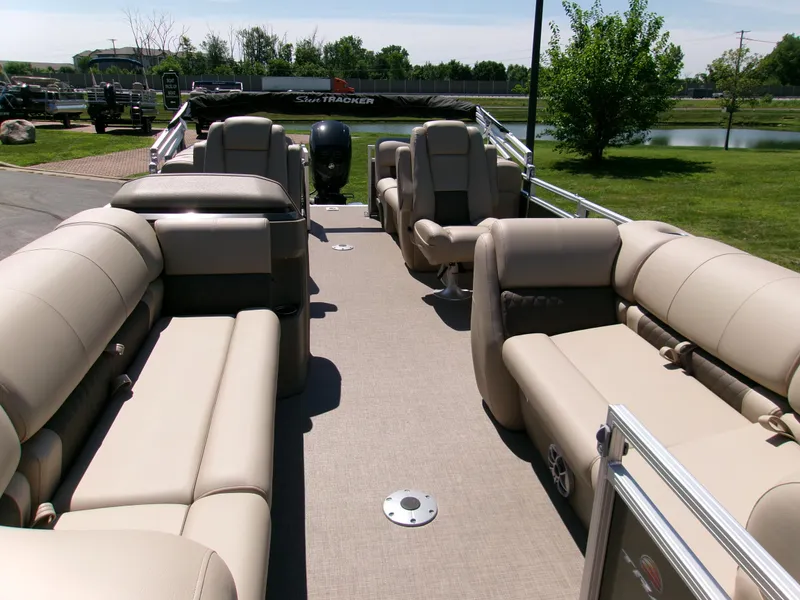 Slide: The Image of 2025 Sun Tracker Party Barge 22 DLX with spacious seating and modern design. - 4