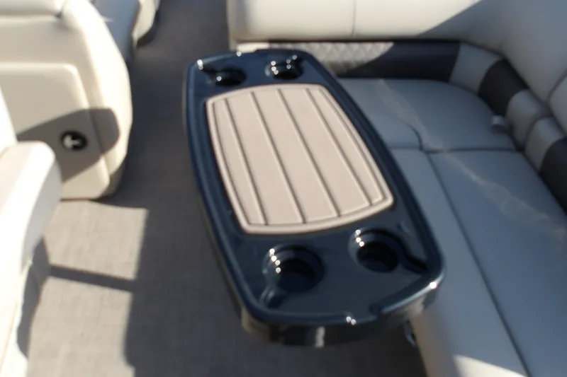 Slide: The Image of Interior of 2025 Sun Tracker Party Barge 22 RF DLX with seating and table. - 24