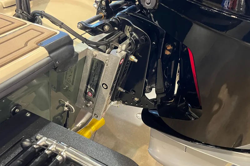 Slide: The Image of 2025 Mako 18 Pro Skiff Backwater Edition boat engine and transom detail. - 4