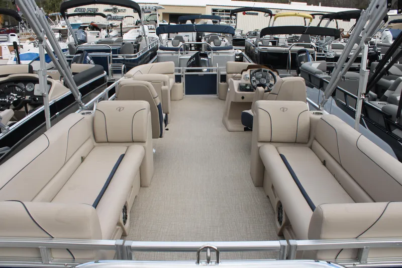 Slide: The Image of 2024 Tahoe Pontoon Sport 2385 QL with spacious seating and modern design. - 8