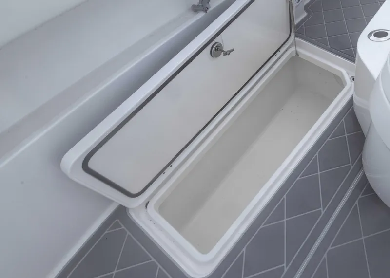 Slide: The Image of Open storage compartment on 2023 Invincible 33 Catamaran boat deck. - 19