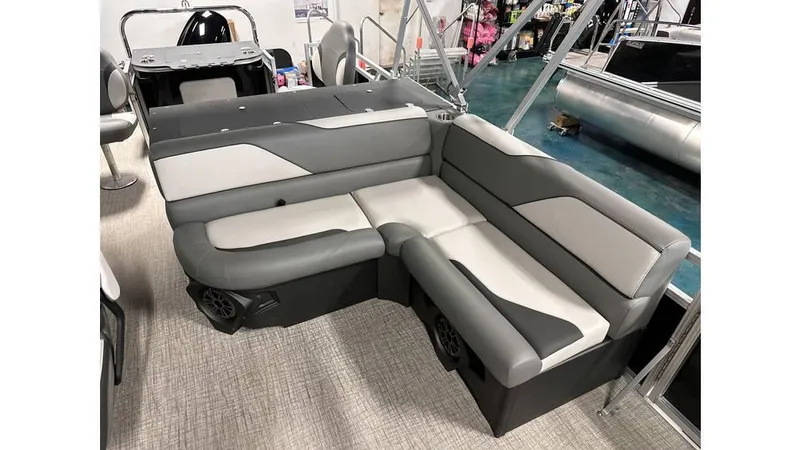 Slide: The Image of 2025 Tahoe Pontoon Sport 85 Rear Fish, featuring stylish gray seating. - 6