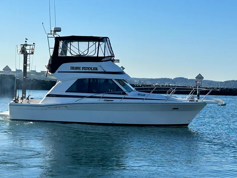 Slide: The Image of 2000 Riviera 34 Convertible yacht cruising on calm waters under clear skies. - 3