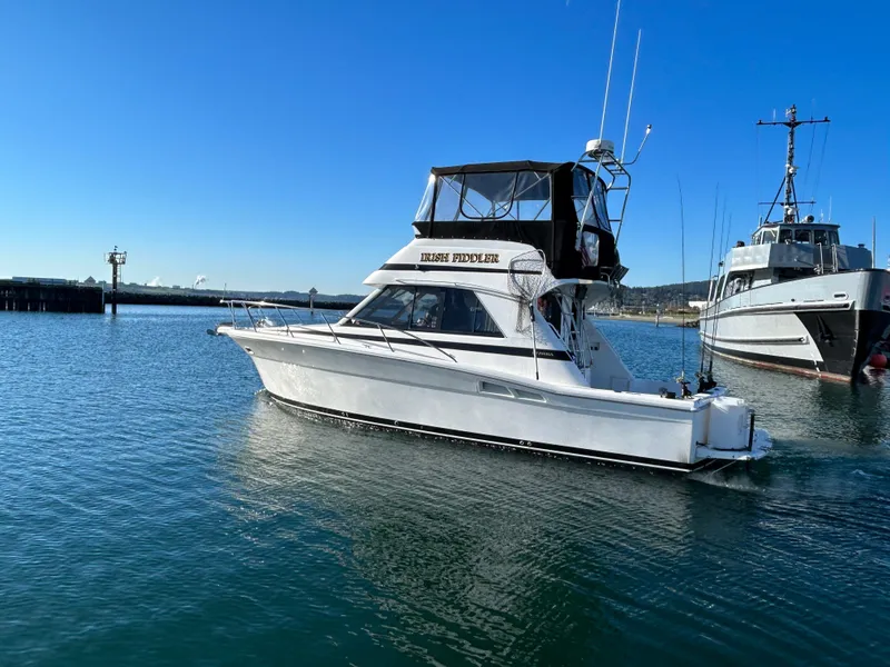 Slide: The Image of 2000 Riviera 34 Convertible yacht on calm water under clear blue sky. - 4