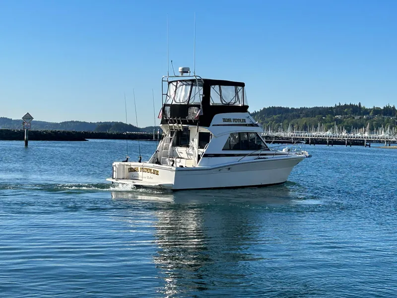 Slide: The Image of 2000 Riviera 34 Convertible boat cruising on calm water near a marina. - 5