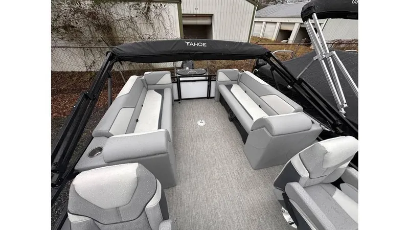 Slide: The Image of 2025 Tahoe Pontoon Sport 85 Quad Lounger with spacious seating and sleek design. - 2