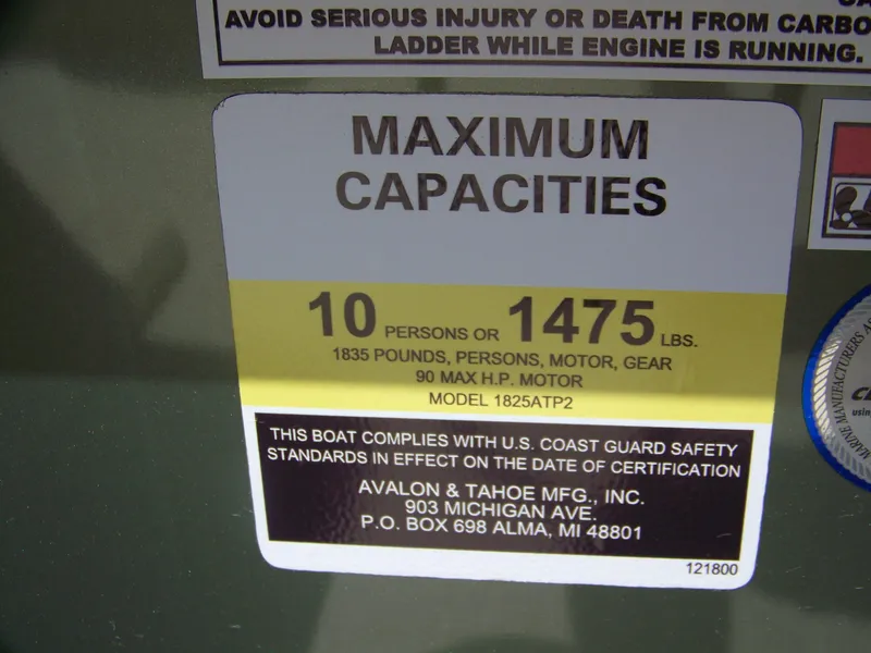Slide: The Image of 2025 Avalon VLS Quad Lounge capacity label: 10 persons, 1475 lbs, 90 max HP motor. - 8