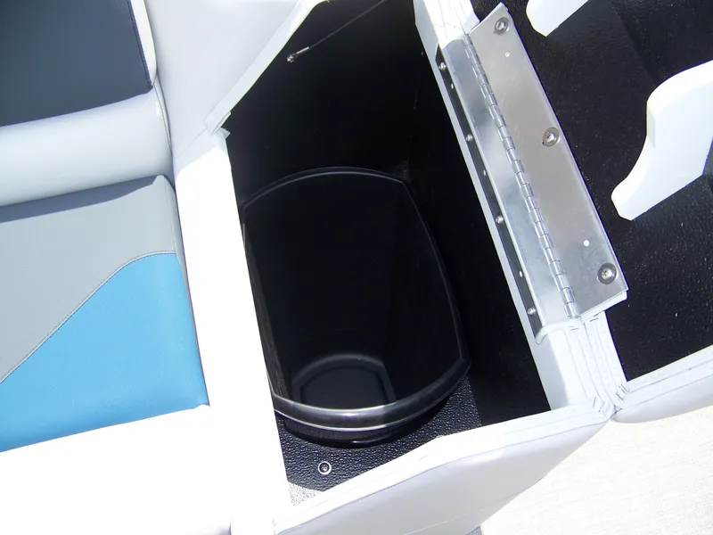 Slide: The Image of Avalon VENTURE 85 CRUISE 2025 boat storage compartment with seating and black container. - 11