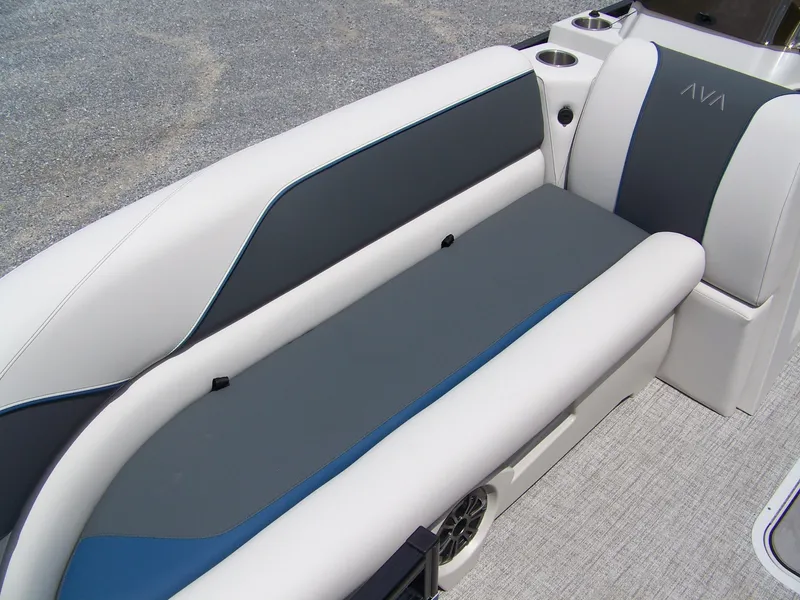 Slide: The Image of 2025 Avalon VENTURE 85 CRUISE boat interior with sleek seating and cup holders. - 5