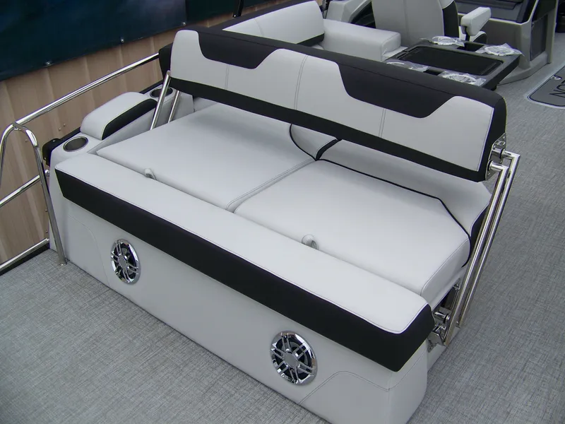 Slide: The Image of 2025 Avalon Catalina Cruise Rear Bench Windshield with sleek white and black seating design. - 13