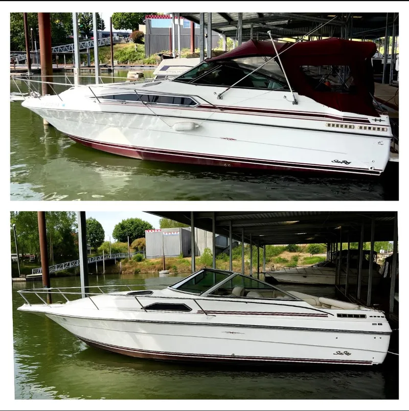 Slide: The Image of 1989 Sea Ray Sundancer boat docked, featuring white hull and maroon canopy, in a marina setting. - 3