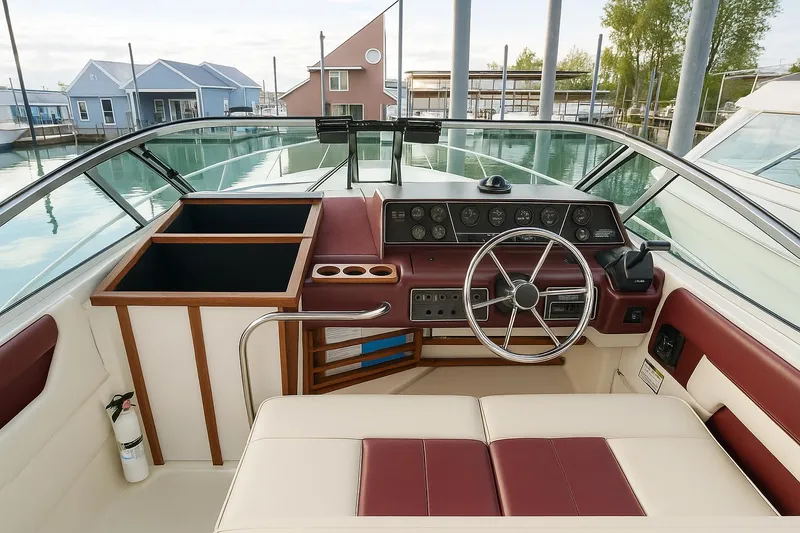 Slide: The Image of 1989 Sea Ray Sundancer boat helm with steering wheel, dashboard, and marina view. - 7