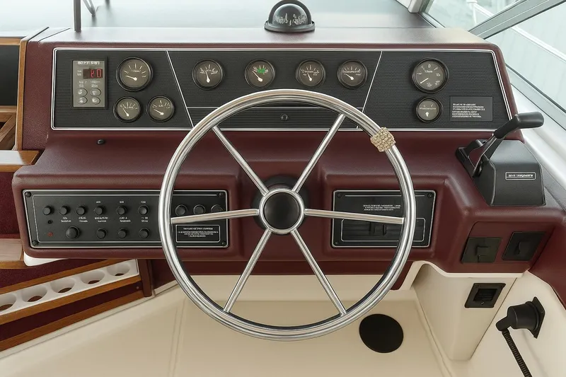 Slide: The Image of 1989 Sea Ray Sundancer helm with steering wheel and control panel. - 8