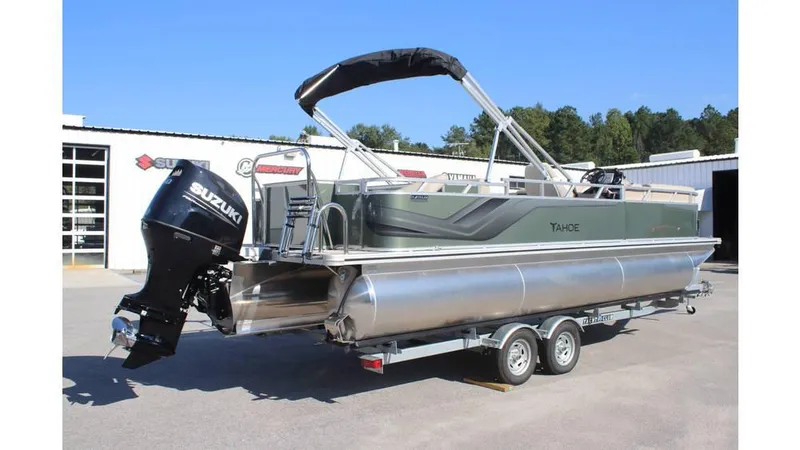 Slide: The Image of 2025 Tahoe Sport 85 Rear Fish 23 SW pontoon boat with Suzuki outboard motor. - 3