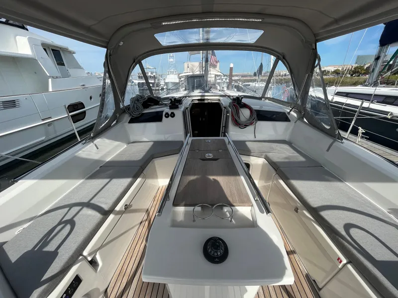 Slide: The Image of 2023 Beneteau Oceanis 40.1 yacht cockpit with seating and navigation equipment. - 8