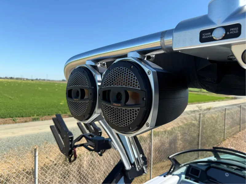 Slide: The Image of 2024 MasterCraft XStar S boat speakers with sleek design and powerful audio. - 46