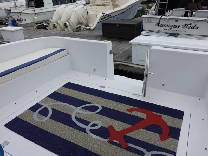 Slide: The Image of 1998 Mainship 31 Sedan Bridge deck with nautical-themed rug and docked boats. - 29