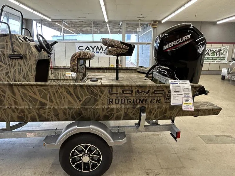 Slide: The Image of 2025 Lowe RX1860 CC boat with camo design and Mercury engine on display. - 2