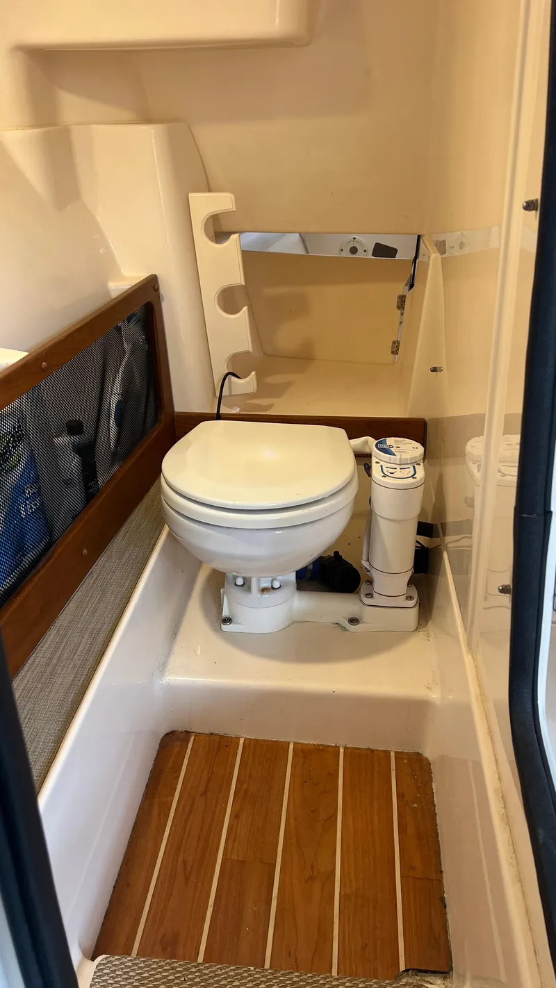 Slide: The Image of Interior of a 2021 Grady-White Freedom 275 yacht with toilet. - 31