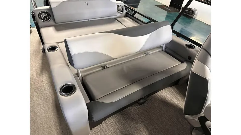 Slide: The Image of 2025 Tahoe Pontoon LTZ Versatile Rear Lounger with gray seating and cup holders. - 3