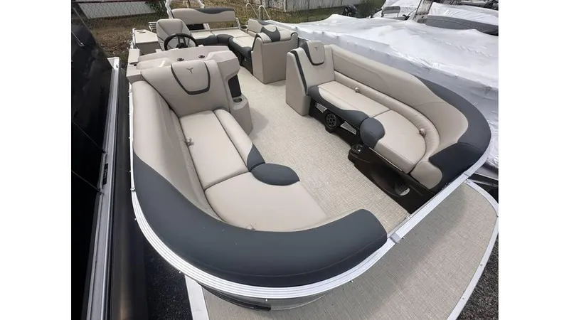 Slide: The Image of 2025 Tahoe Pontoon LTZ Cruise Rear Bench with spacious seating and modern design. - 4