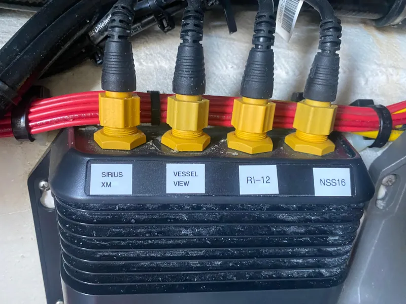 Slide: The Image of 2022 Front Runner 36 cc electronic connections with labeled ports: Sirius XM, Vessel View, RI-12, NSS16. - 26