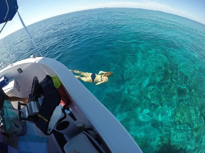 Slide: The Image of A person snorkeling near a 2023 Penguin Semi-Submarine 2.0 Electric in clear blue water. - 15