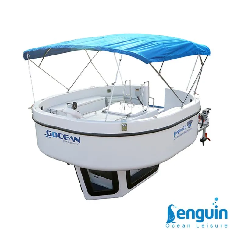 Slide: The Image of 2023 Penguin Semi-Submarine 2.0 Electric with blue canopy and underwater viewing windows. - 6