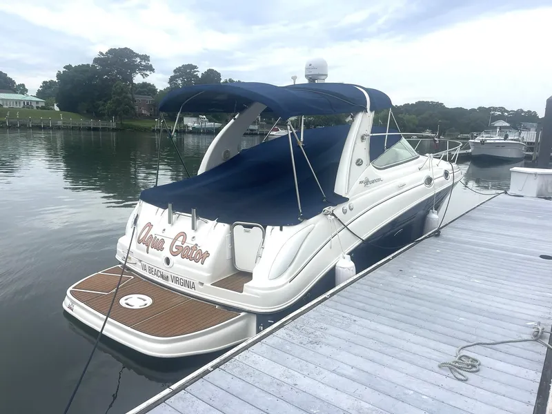 Slide: The Image of 2008 Sea Ray 280 Sundancer docked, featuring blue canopy and sleek design. - 37