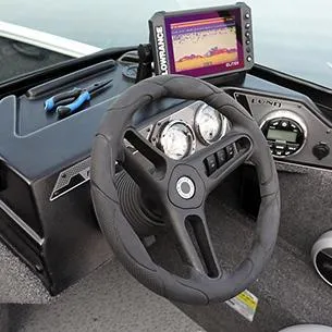 Slide: The Image of Steering console of 2025 Lund 1650 Rebel XL SS with fishfinder and gauges. - 10