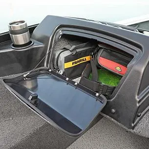 Slide: The Image of Storage compartment in 2025 Lund 1650 Rebel XL SS boat with gear and cup holder. - 14