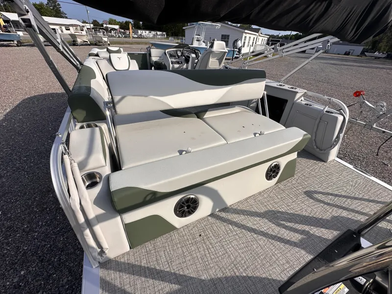 Slide: The Image of 2025 Tahoe Pontoon LTZ Cruise Rear Bench with spacious seating and modern design. - 8