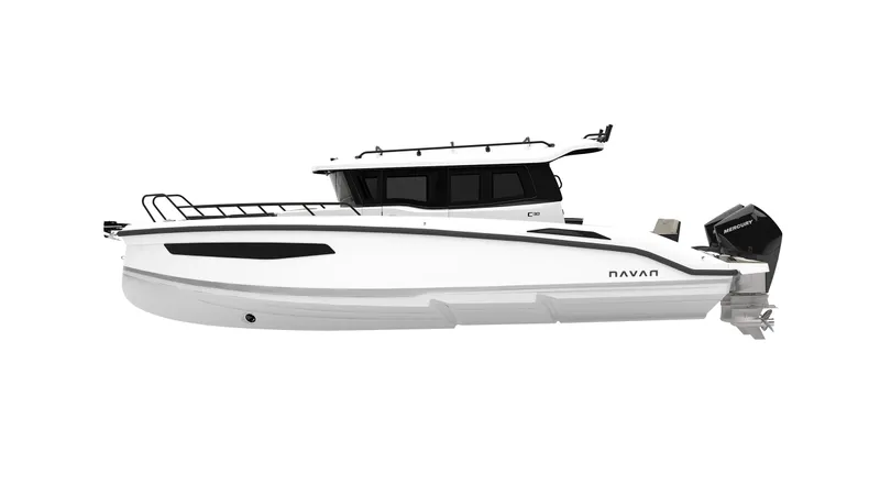 Slide: The Image of 2025 Navan C30 boat, sleek white design, side view, modern cabin cruiser. - 17