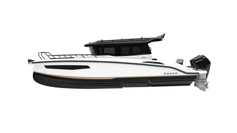 Slide: The Image of 2025 Navan C30 boat, sleek design, side view, white and black color scheme. - 18
