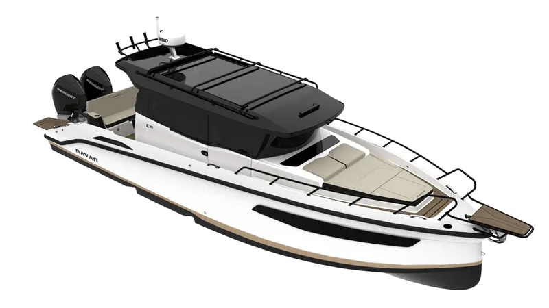 Slide: The Image of 2025 Navan C30 boat, sleek design, dual engines, spacious deck, modern features. - 21